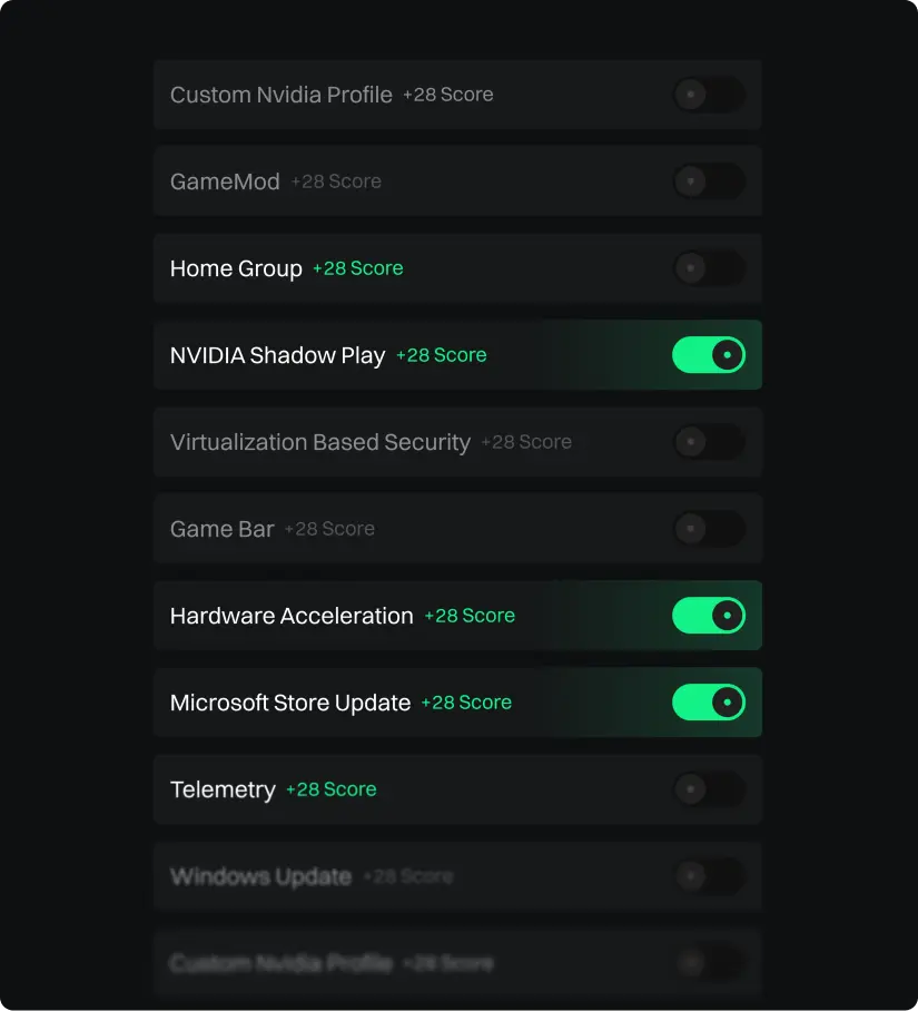 Hypertune Windows Debloating list with a switch for each setting, including Game Bar, Telemetry and NVIDIA ShadowPlay