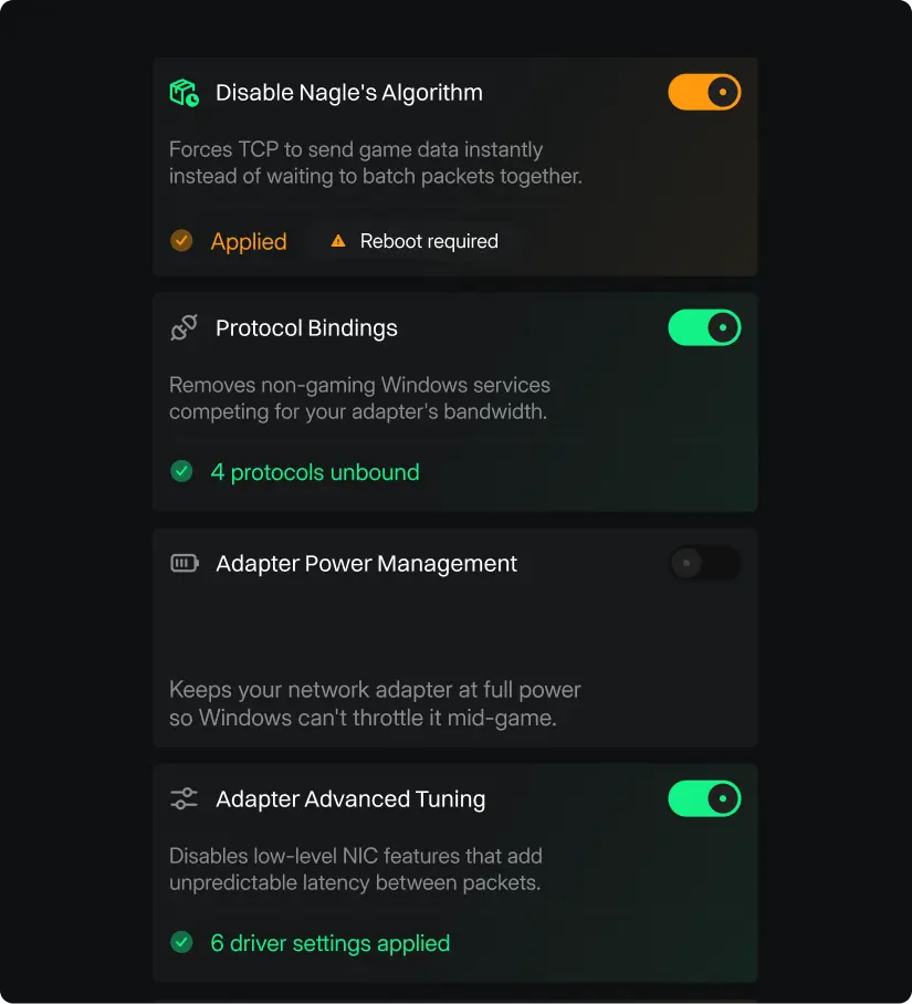 Hypertune Network Optimizations settings: Disable Nagle's Algorithm, Protocol Bindings, Adapter Power Management and Adapter Advanced Tuning