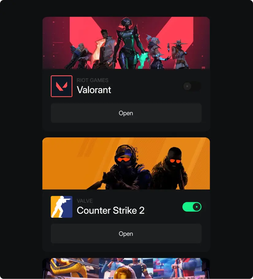 Hypertune Game Hub with game profiles for Valorant and Counter-Strike 2, each with an Open button